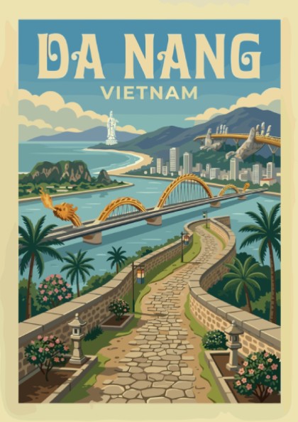 Da Nang Vietnam travel poster with Dragon Bridge in vintage style, featuring a warm color palette.