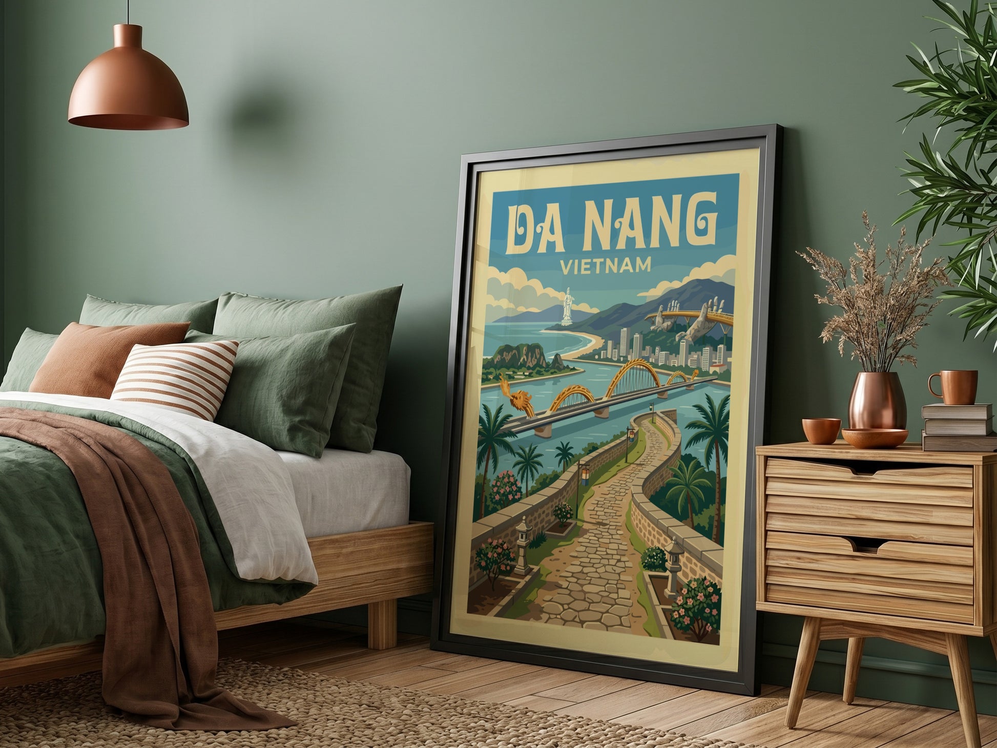 Da Nang Vietnam travel poster with Dragon Bridge in vintage style, featuring a warm color palette.
