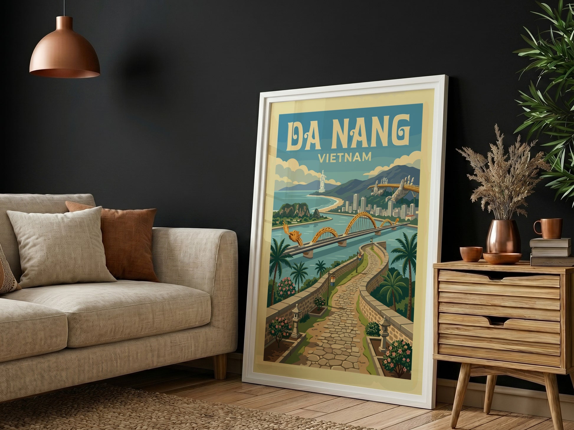 Da Nang Vietnam travel poster with Dragon Bridge in vintage style, featuring a warm color palette.