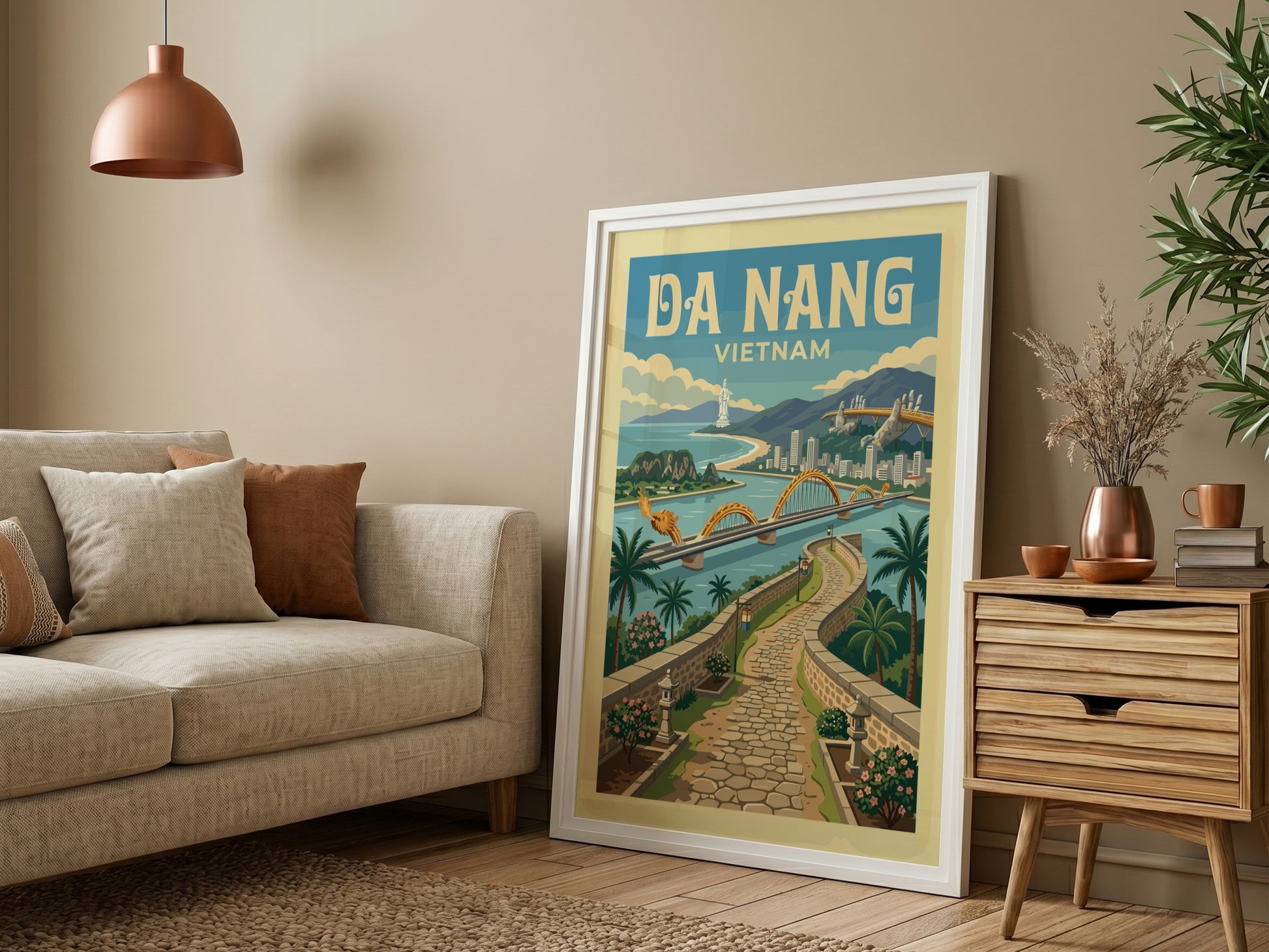 Da Nang Vietnam travel poster with Dragon Bridge in vintage style, featuring a warm color palette.
