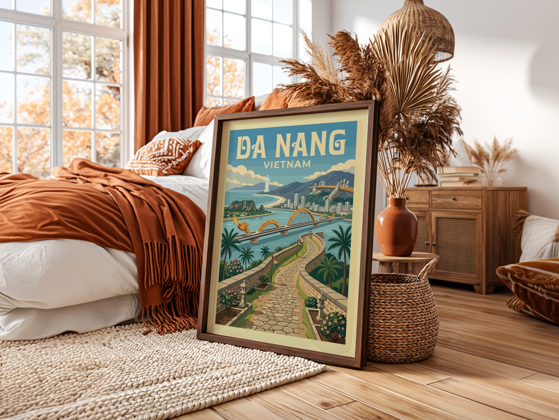Da Nang Vietnam travel poster with Dragon Bridge in vintage style, featuring a warm color palette.