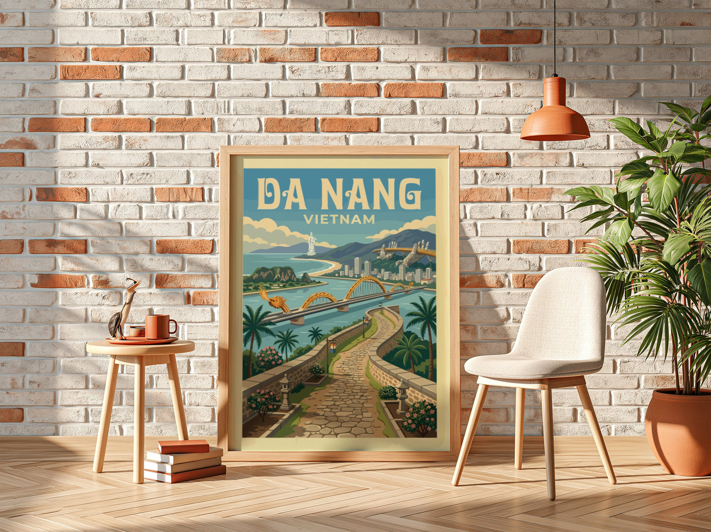 Da Nang Vietnam travel poster with Dragon Bridge in vintage style, featuring a warm color palette.