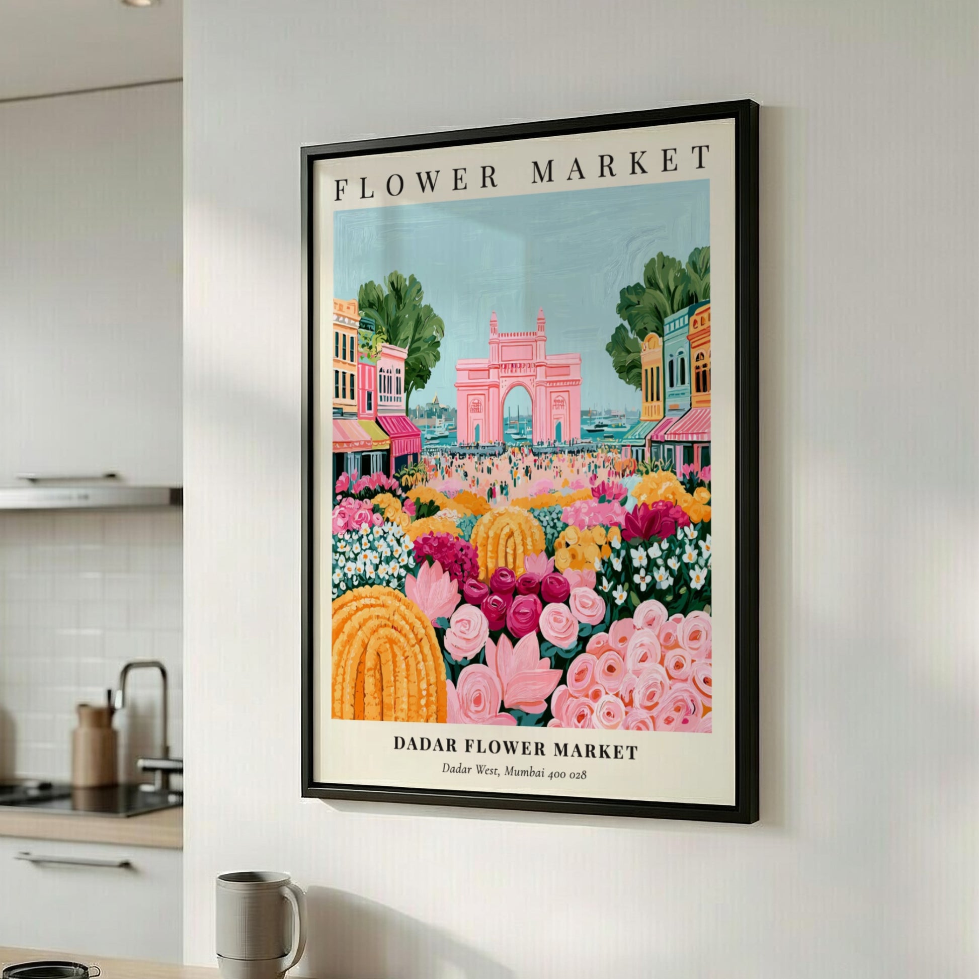 Dadar Flower Market print featuring vibrant flowers and the Gateway of India in a colorful, lively style.