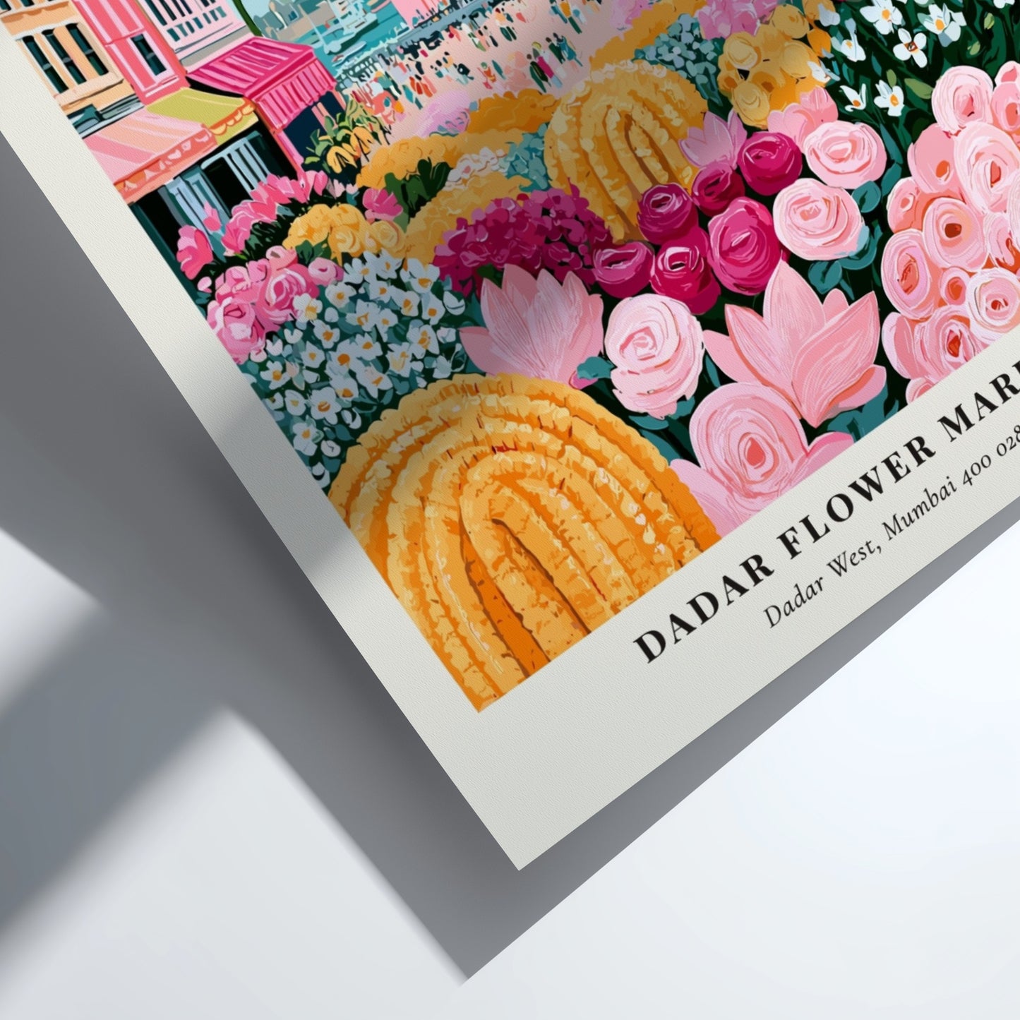 Dadar Flower Market print featuring vibrant flowers and the Gateway of India in a colorful, lively style.