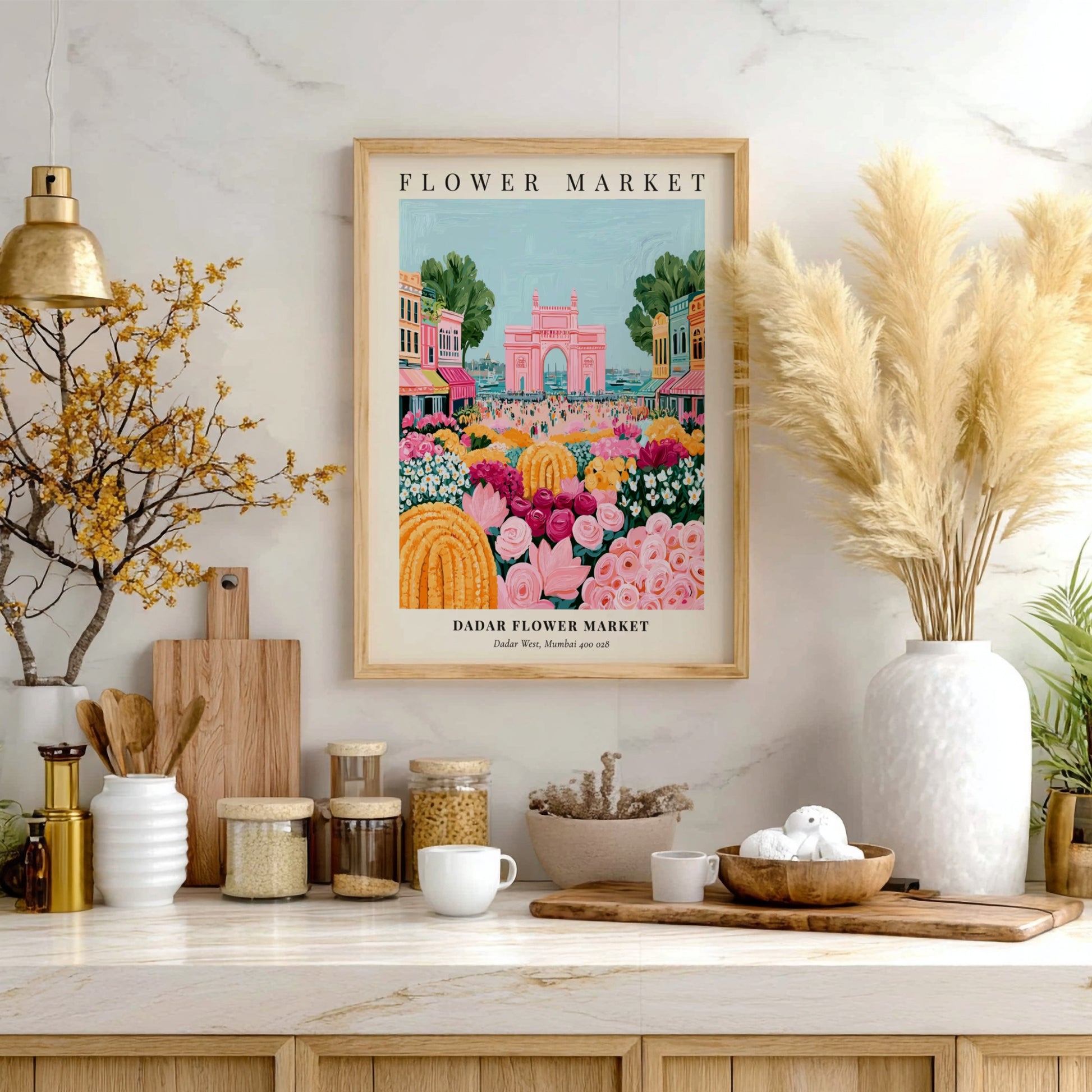 Dadar Flower Market print featuring vibrant flowers and the Gateway of India in a colorful, lively style.