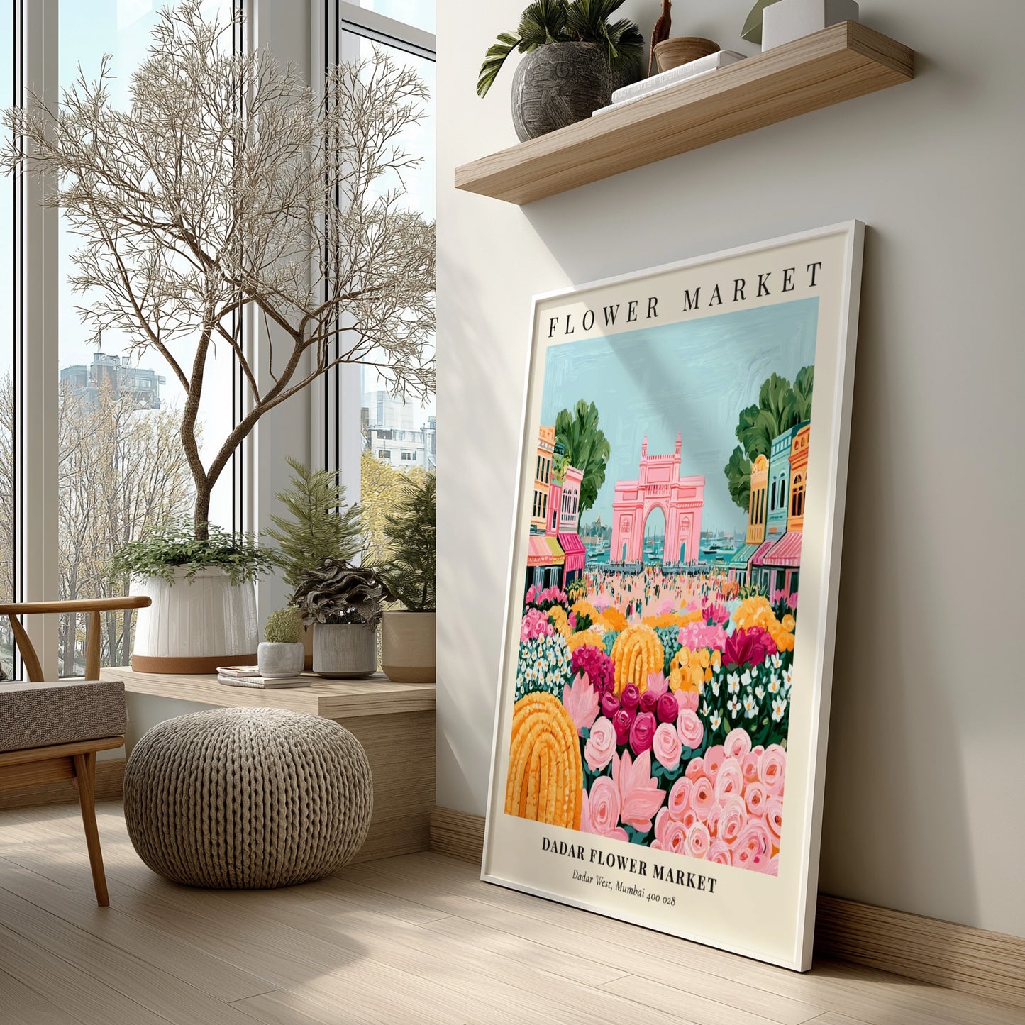 Dadar Flower Market print featuring vibrant flowers and the Gateway of India in a colorful, lively style.