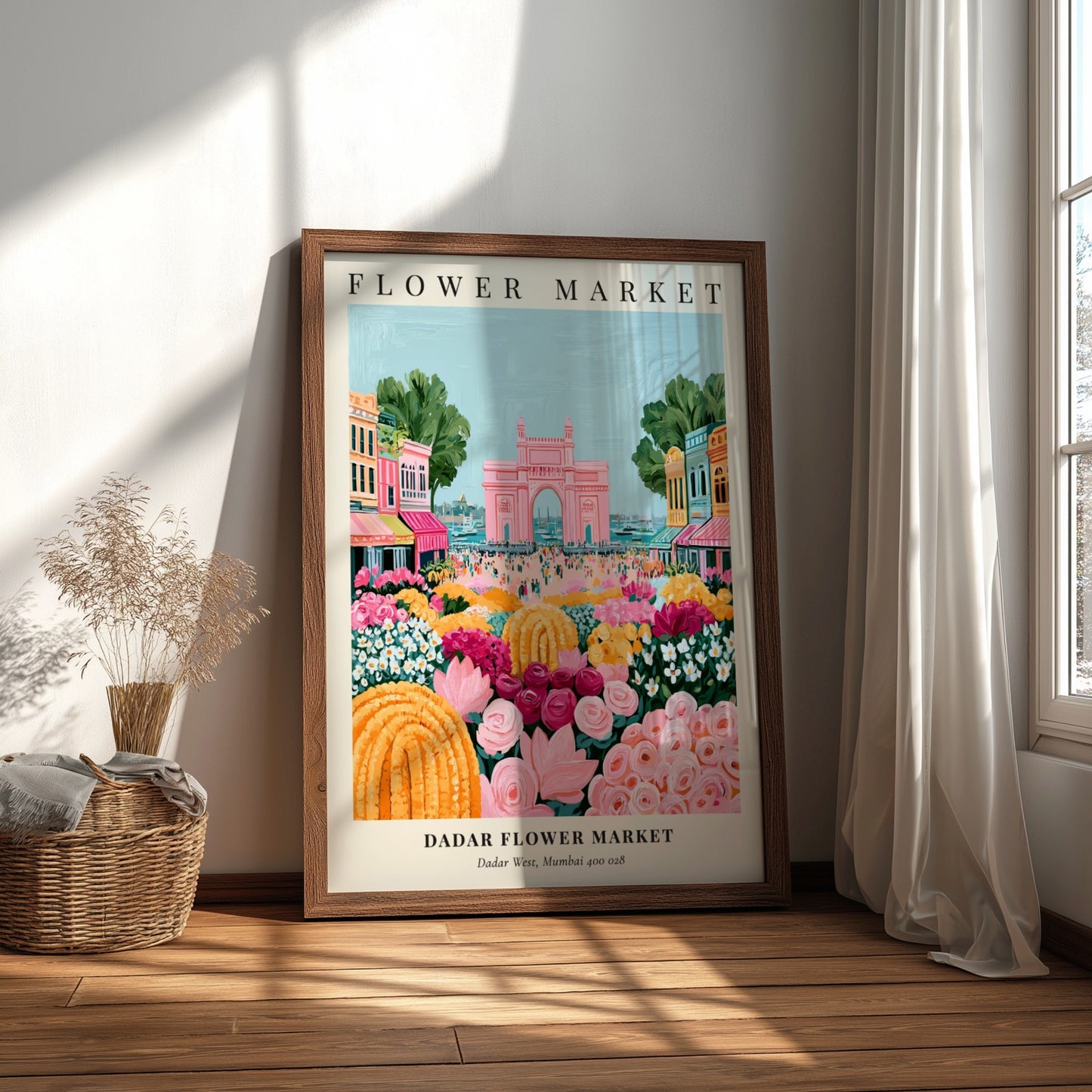 Dadar Flower Market print featuring vibrant flowers and the Gateway of India in a colorful, lively style.