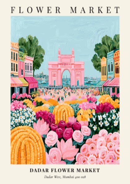 Dadar Flower Market print featuring vibrant flowers and the Gateway of India in a colorful, lively style.
