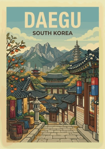 Daegu South Korea travel poster with traditional architecture and mountains, retro style.