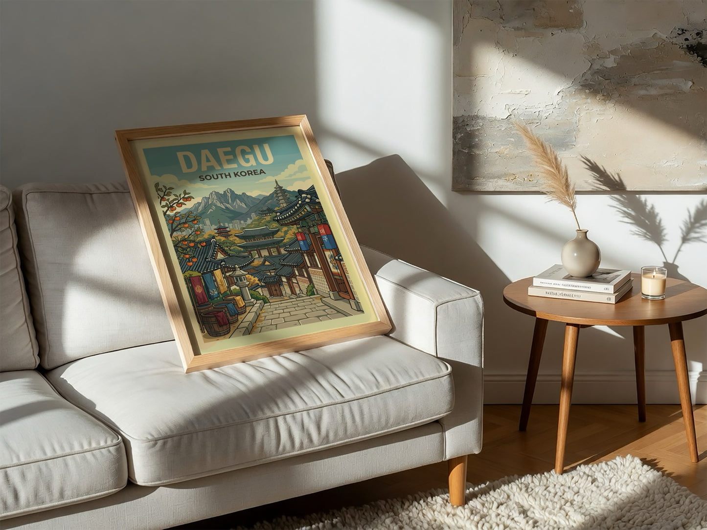 Daegu South Korea travel poster with traditional architecture and mountains, retro style.