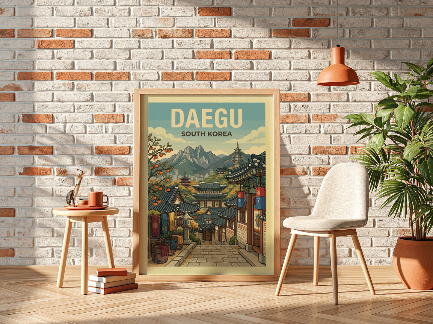 Daegu South Korea travel poster with traditional architecture and mountains, retro style.