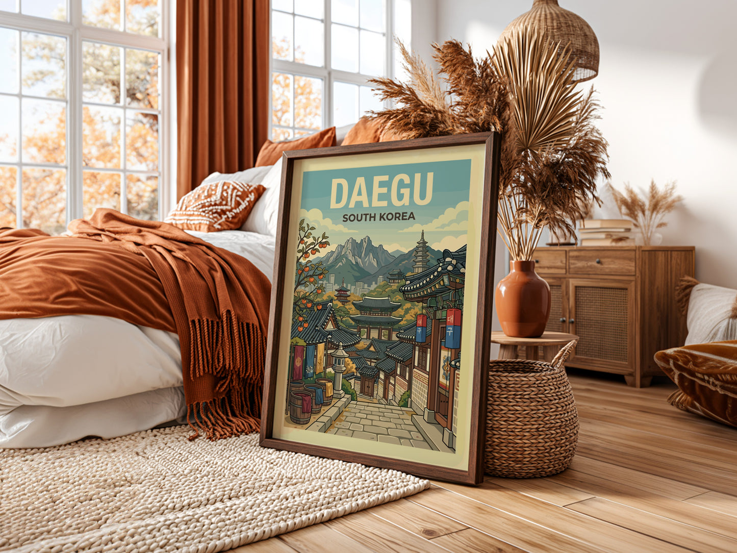 Daegu South Korea travel poster with traditional architecture and mountains, retro style.