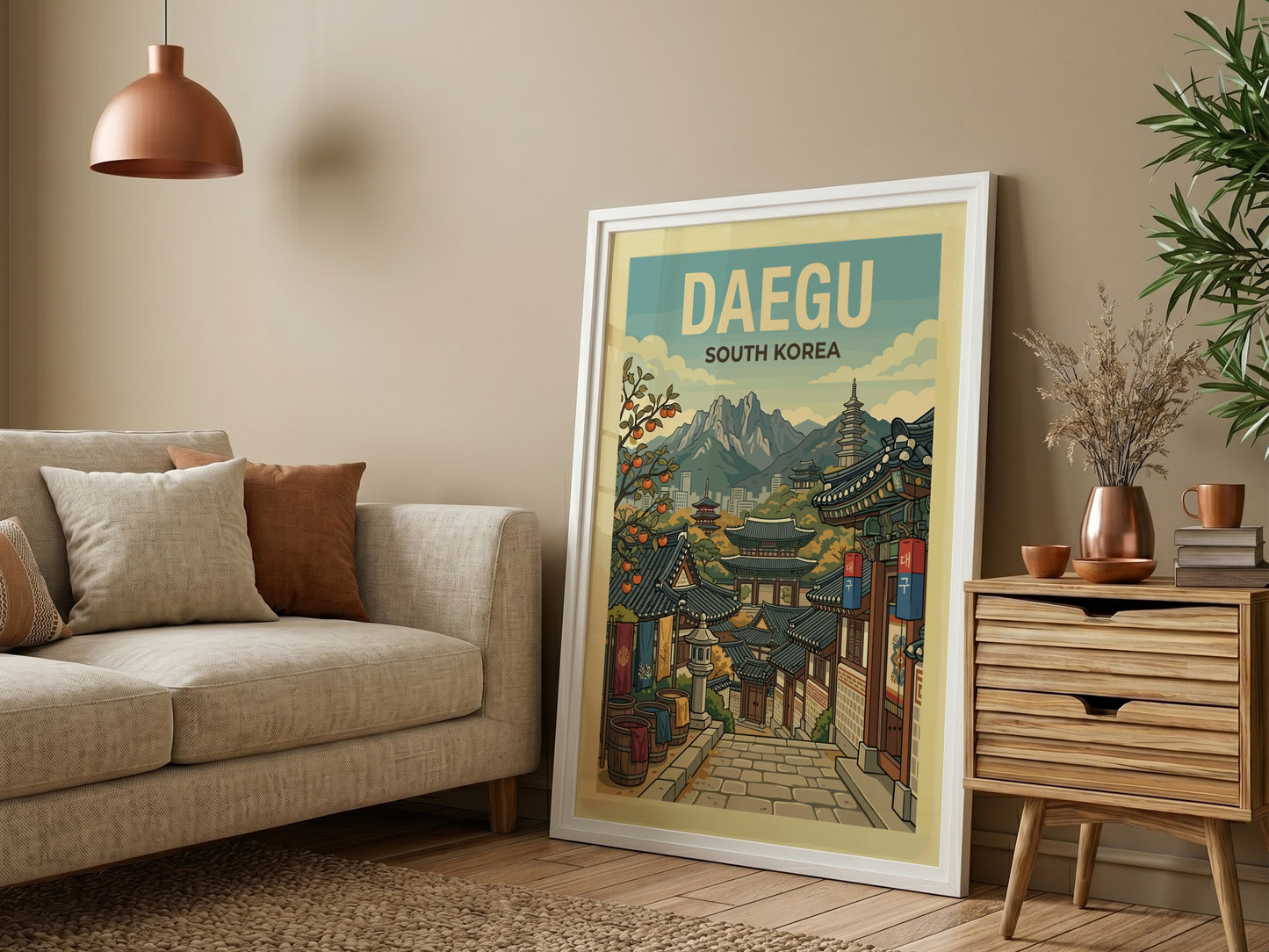 Daegu South Korea travel poster with traditional architecture and mountains, retro style.