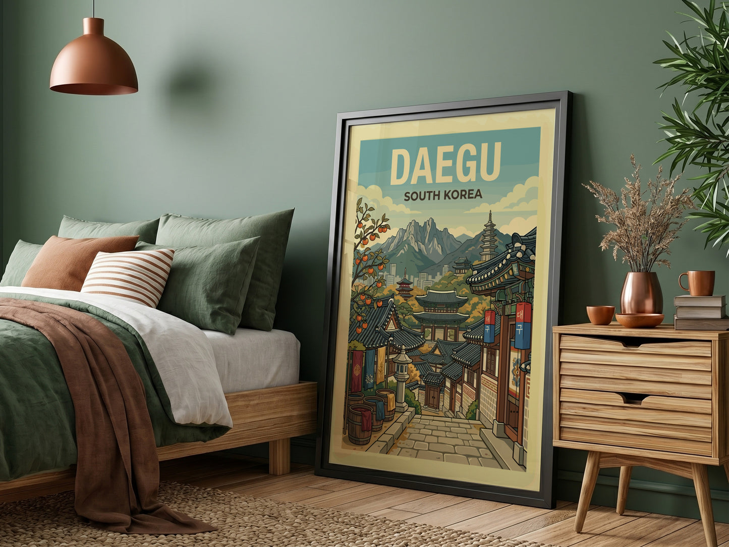 Daegu South Korea travel poster with traditional architecture and mountains, retro style.