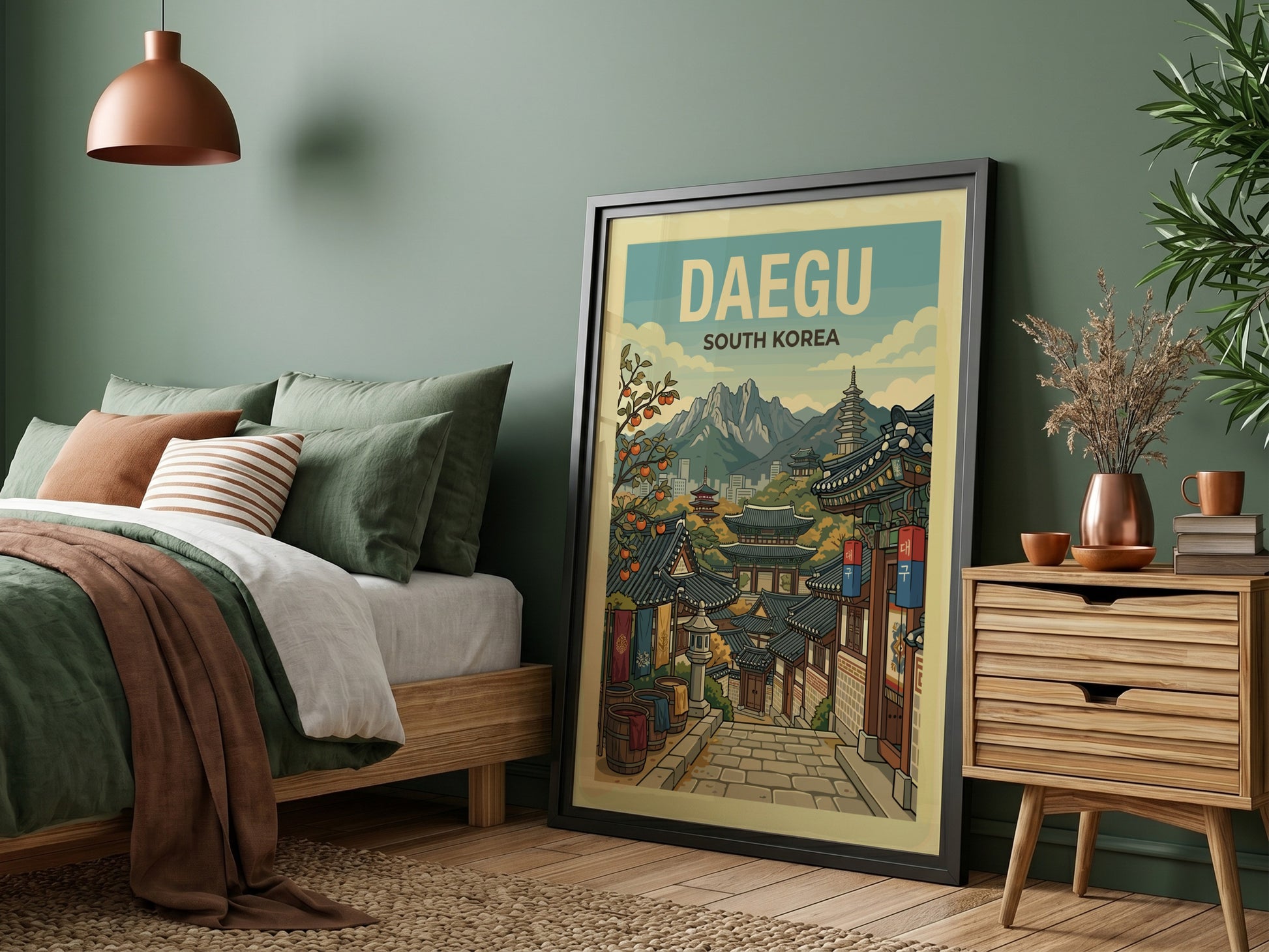 Daegu South Korea travel poster with traditional architecture and mountains, retro style.