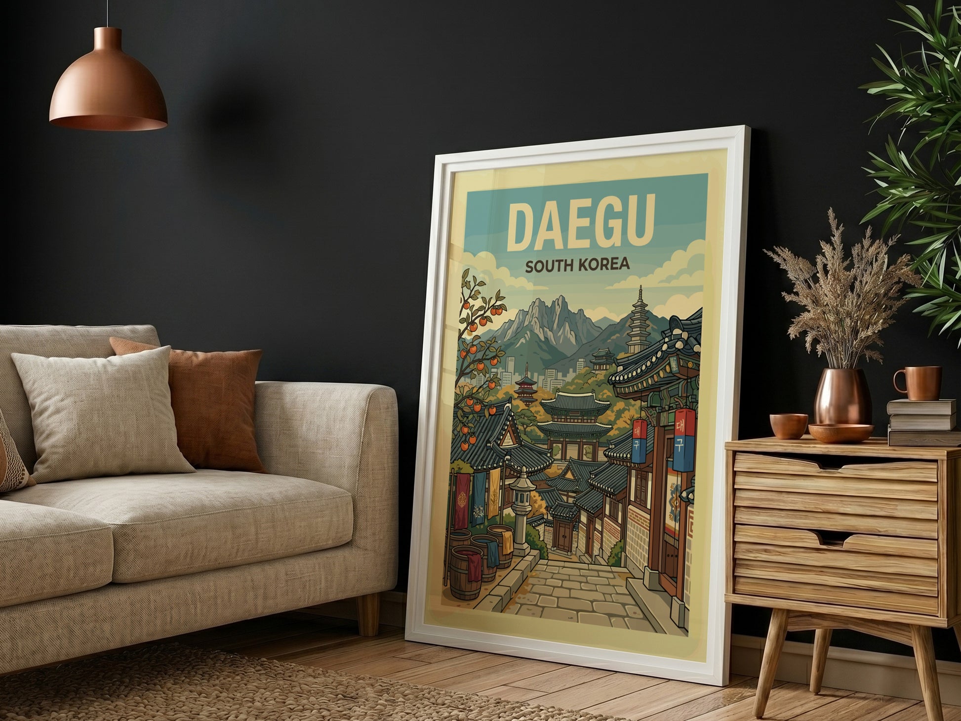 Daegu South Korea travel poster with traditional architecture and mountains, retro style.