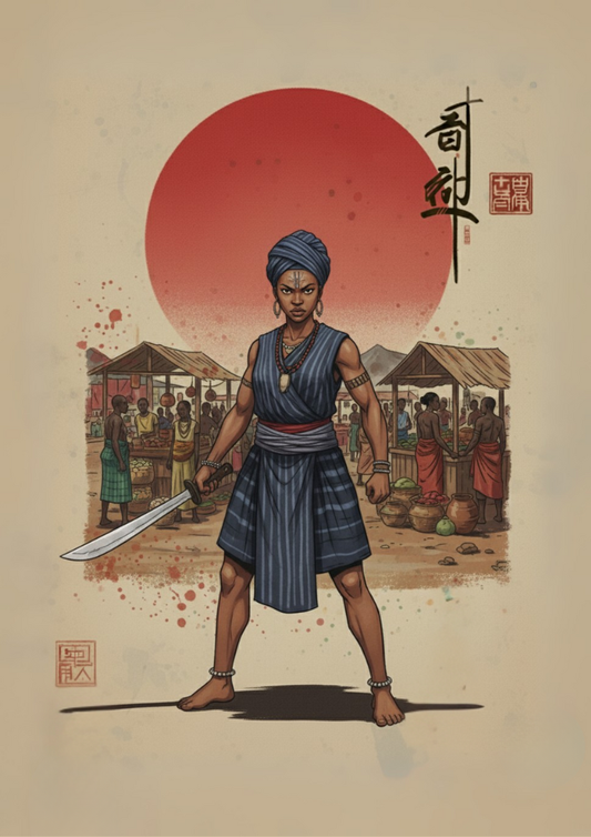 Illustration of a warrior with a sword in front of a market scene and red sun in the background