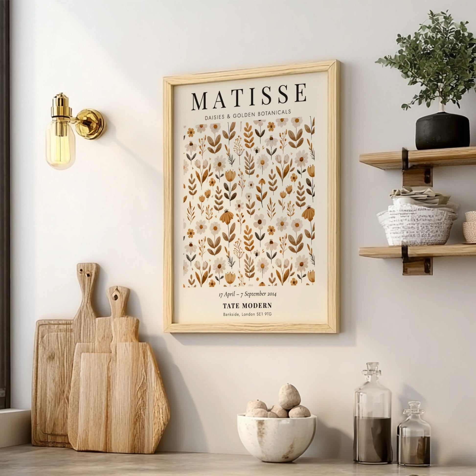 Henri Matisse poster featuring floral elements in warm golden tones, ideal for home decor and wall art.