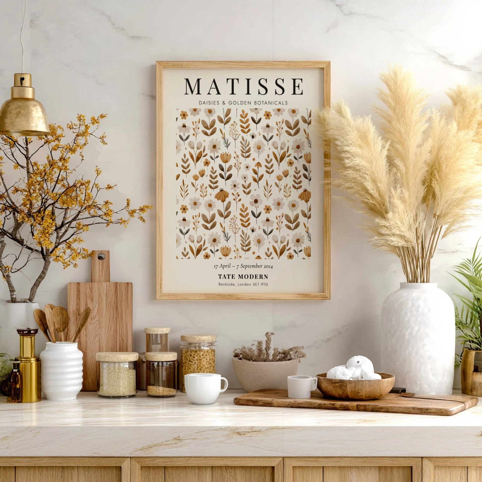 Henri Matisse poster featuring floral elements in warm golden tones, ideal for home decor and wall art.