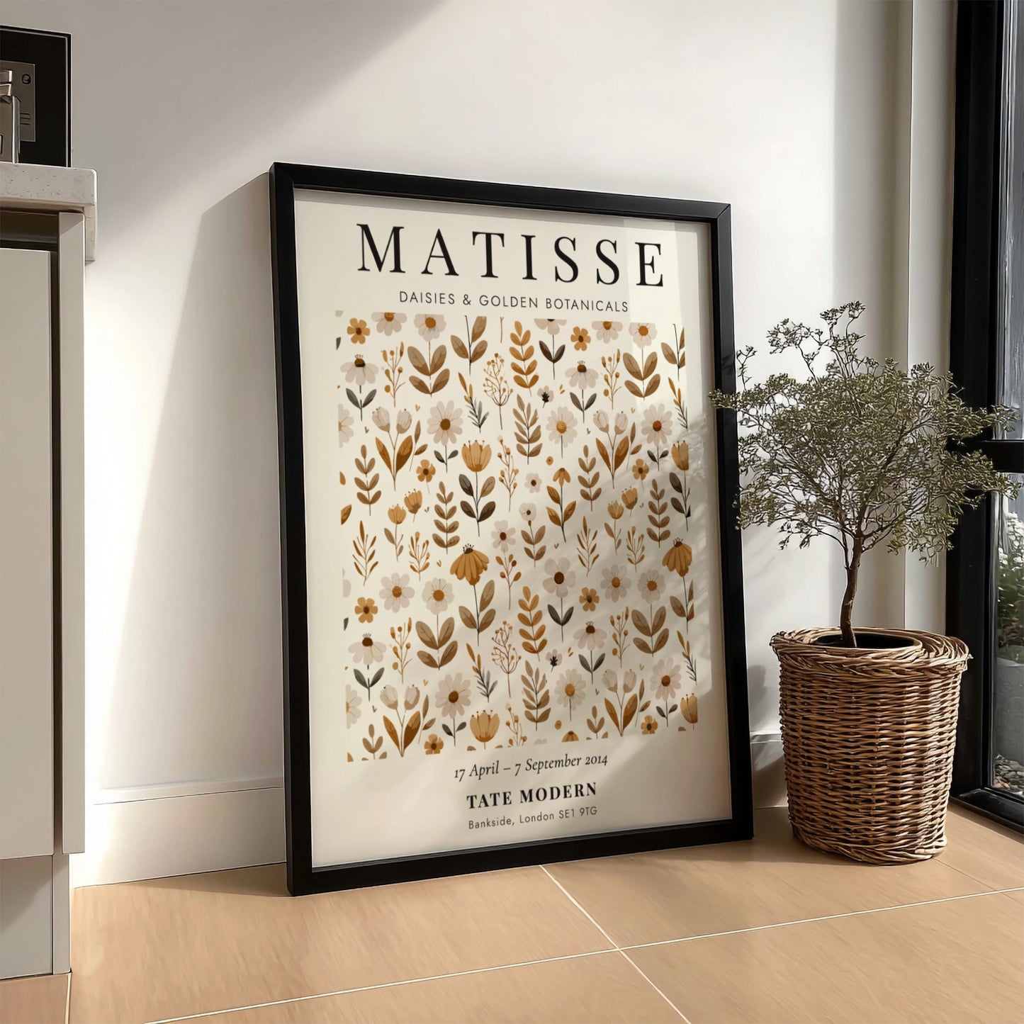Henri Matisse poster featuring floral elements in warm golden tones, ideal for home decor and wall art.