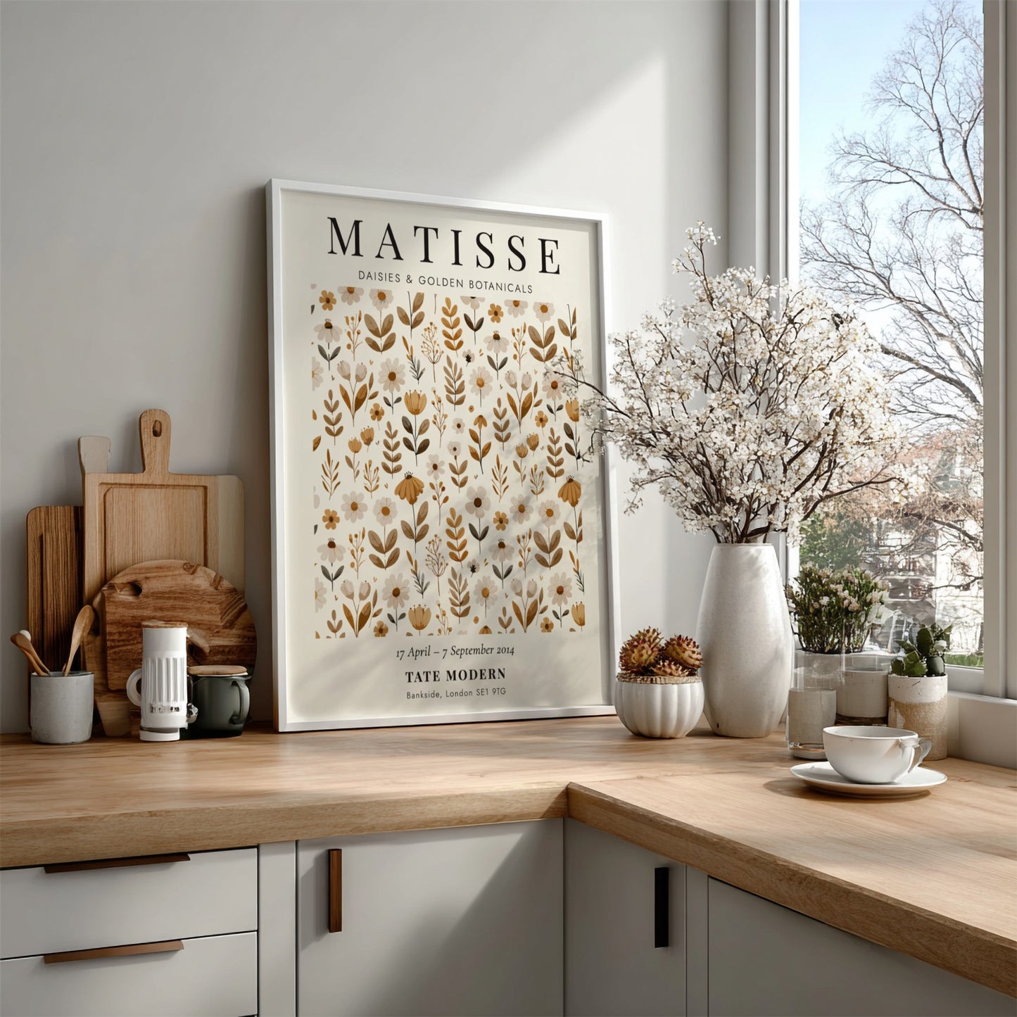 Henri Matisse poster featuring floral elements in warm golden tones, ideal for home decor and wall art.