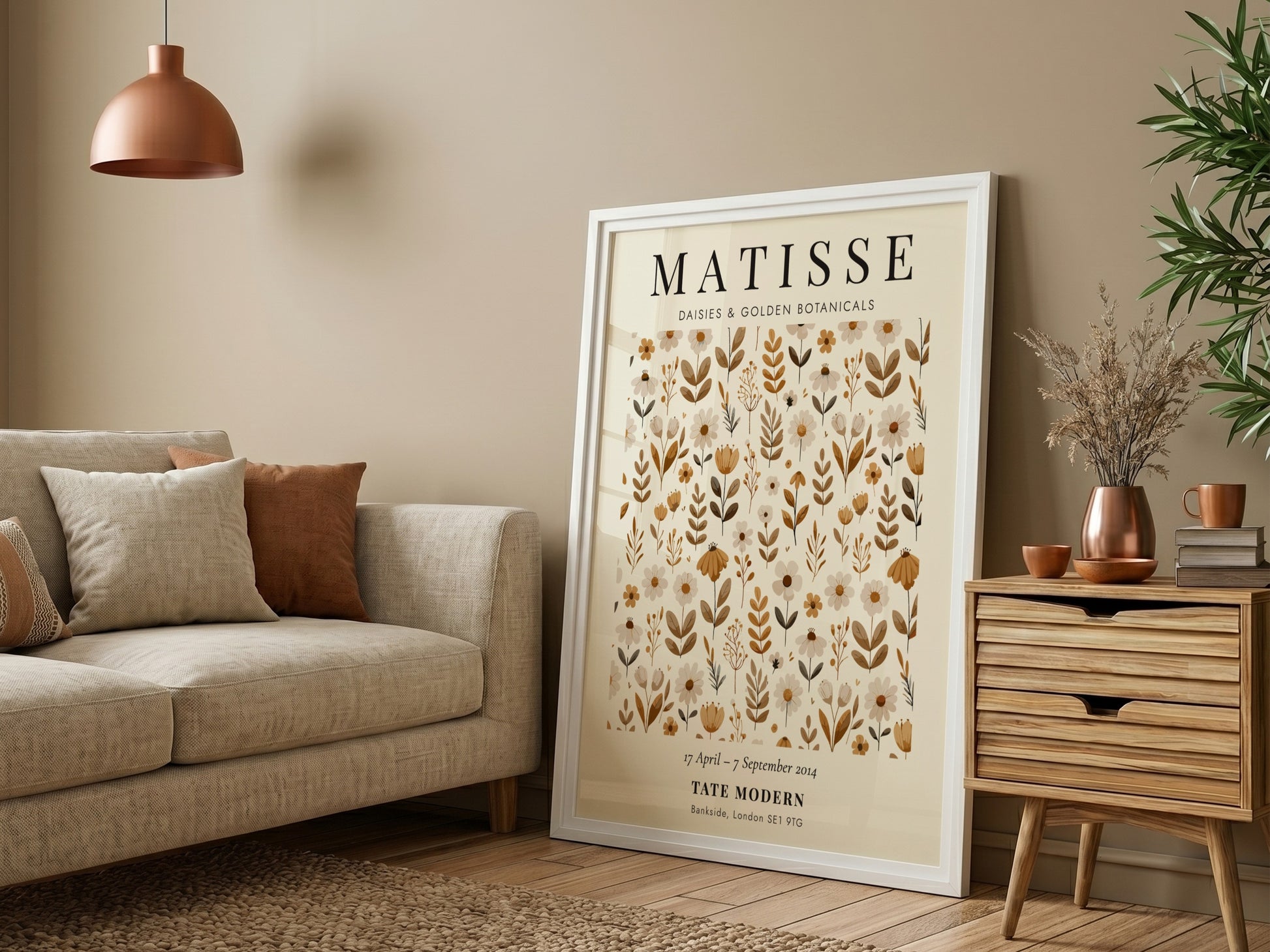 Henri Matisse poster featuring floral elements in warm golden tones, ideal for home decor and wall art.