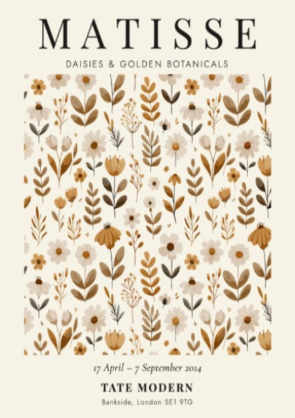 Henri Matisse poster featuring floral elements in warm golden tones, ideal for home decor and wall art.