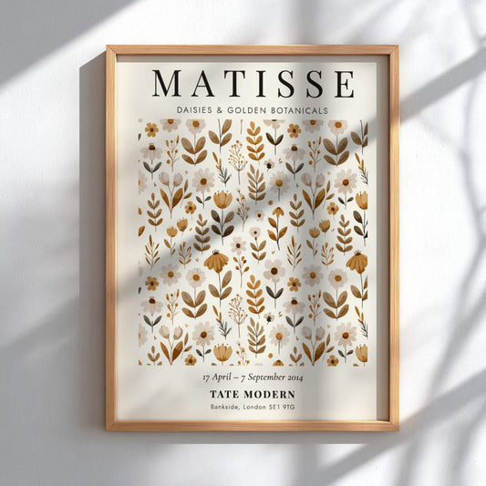 Henri Matisse poster featuring floral elements in warm golden tones, ideal for home decor and wall art.