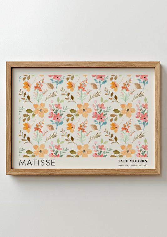 Wall art print featuring daisies and golden botanicals in soft pastel colors, Matisse style.
