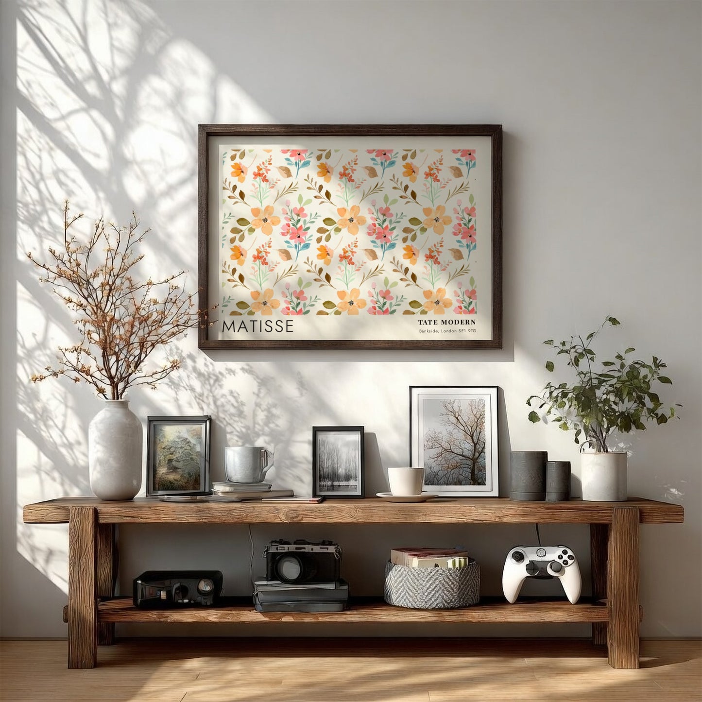 Wall art print featuring daisies and golden botanicals in soft pastel colors, Matisse style.