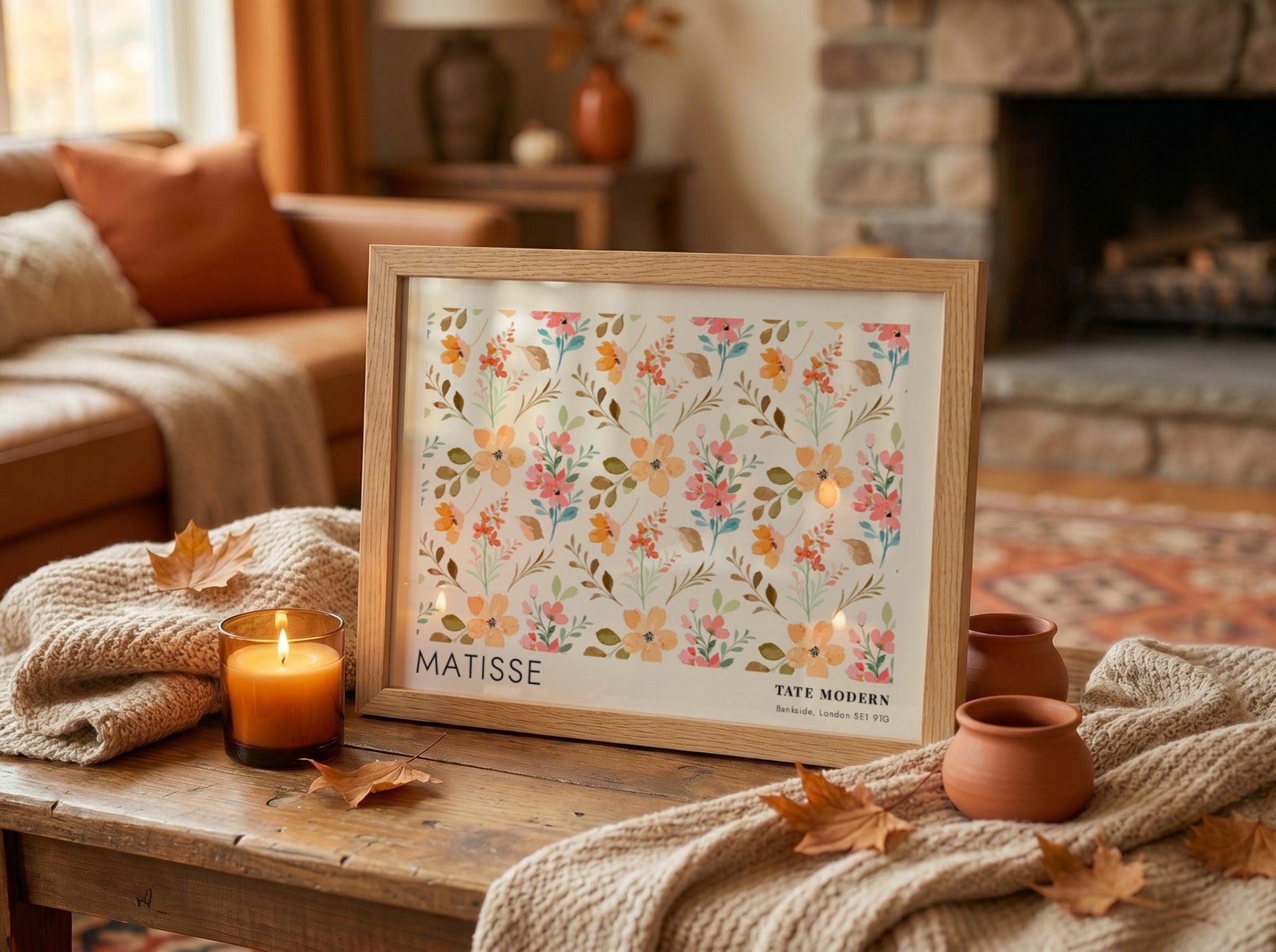 Wall art print featuring daisies and golden botanicals in soft pastel colors, Matisse style.