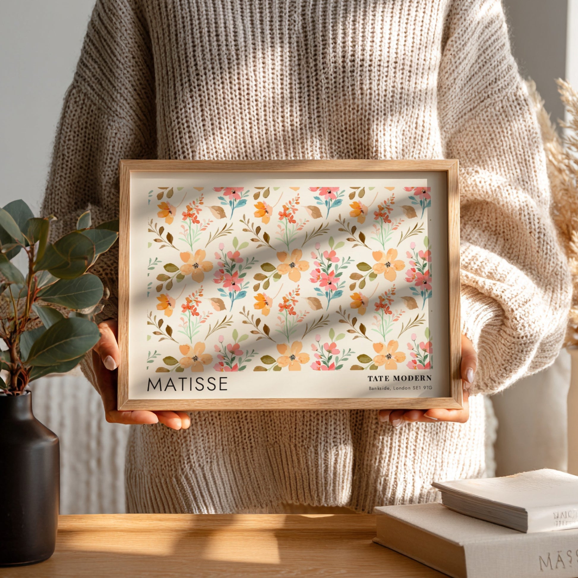 Wall art print featuring daisies and golden botanicals in soft pastel colors, Matisse style.