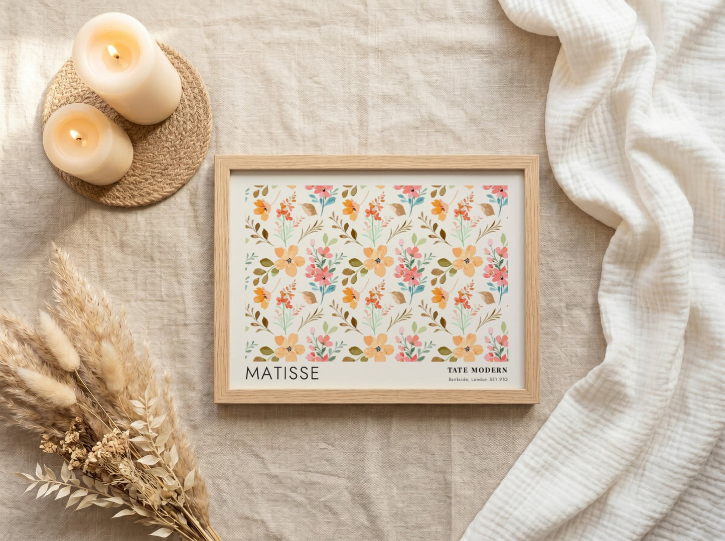 Wall art print featuring daisies and golden botanicals in soft pastel colors, Matisse style.