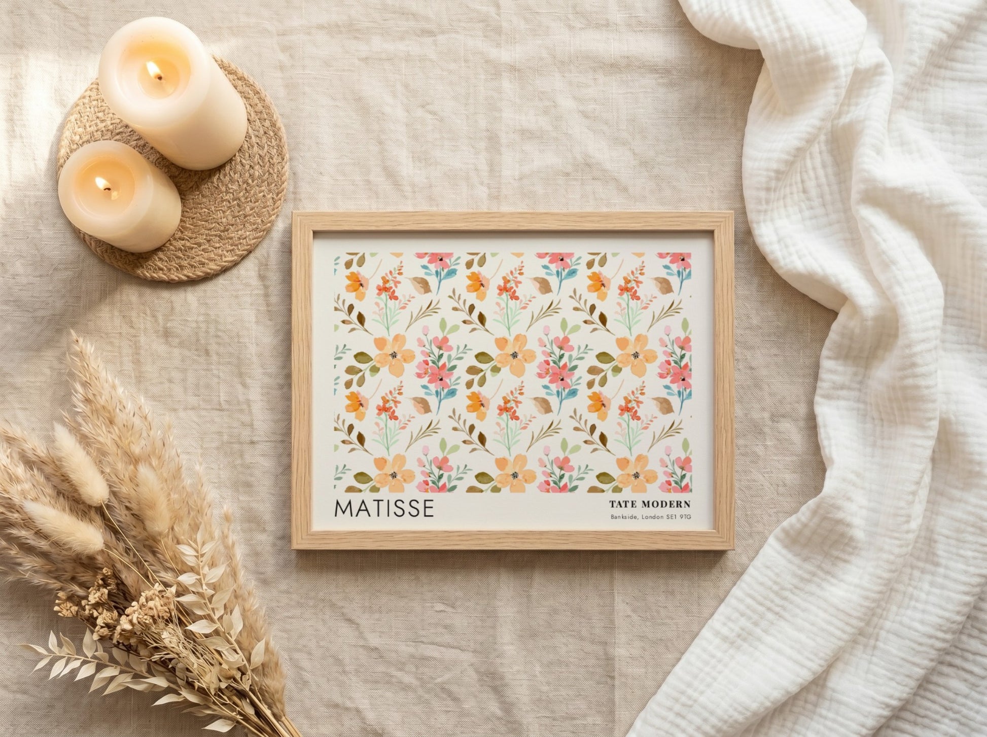Wall art print featuring daisies and golden botanicals in soft pastel colors, Matisse style.