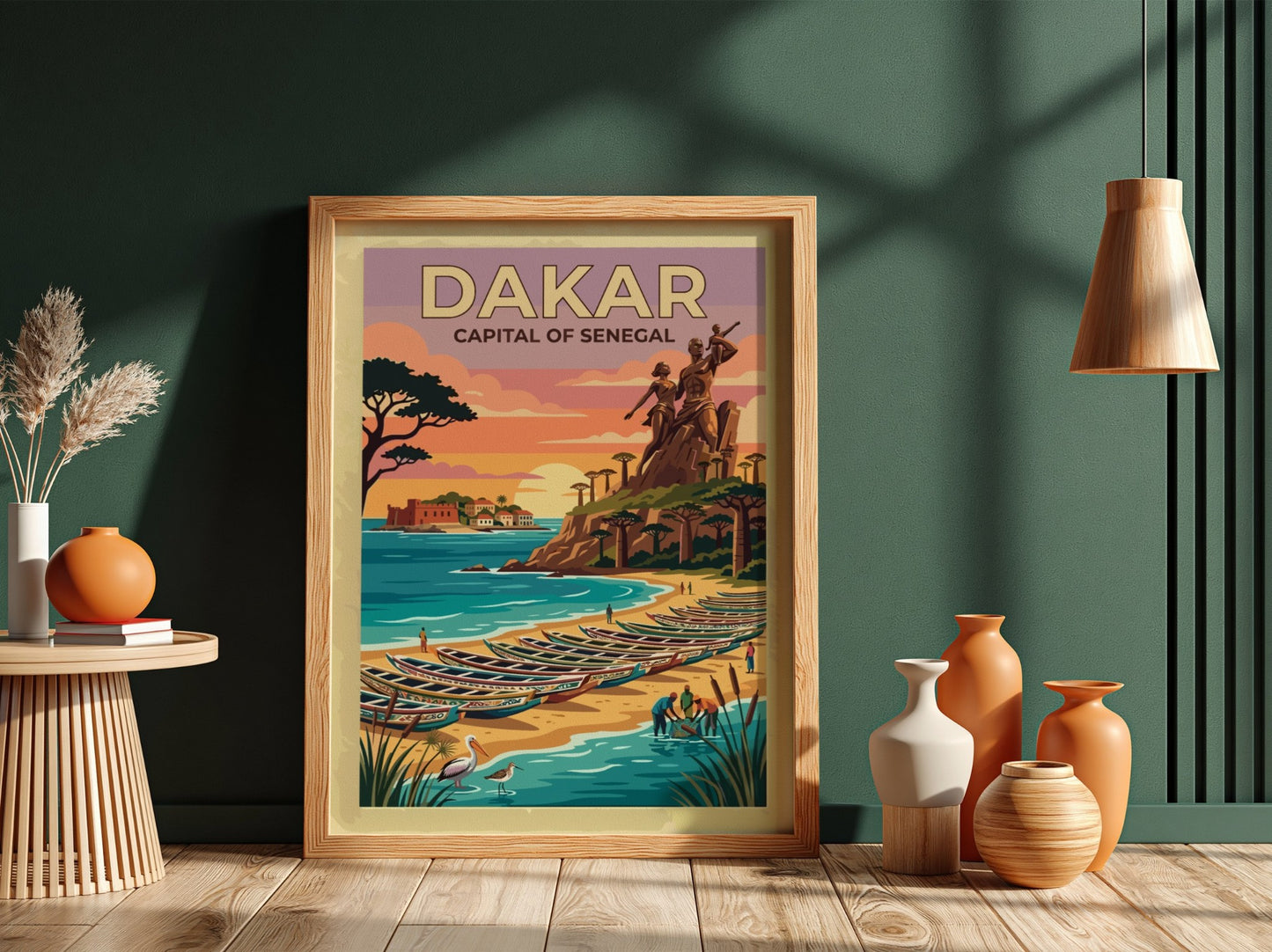 Travel poster of Dakar Senegal featuring the Renaissance monument and fishing boats at sunset