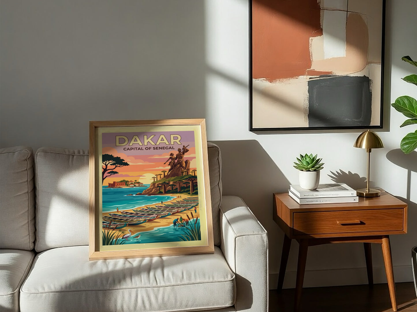 Travel poster of Dakar Senegal featuring the Renaissance monument and fishing boats at sunset