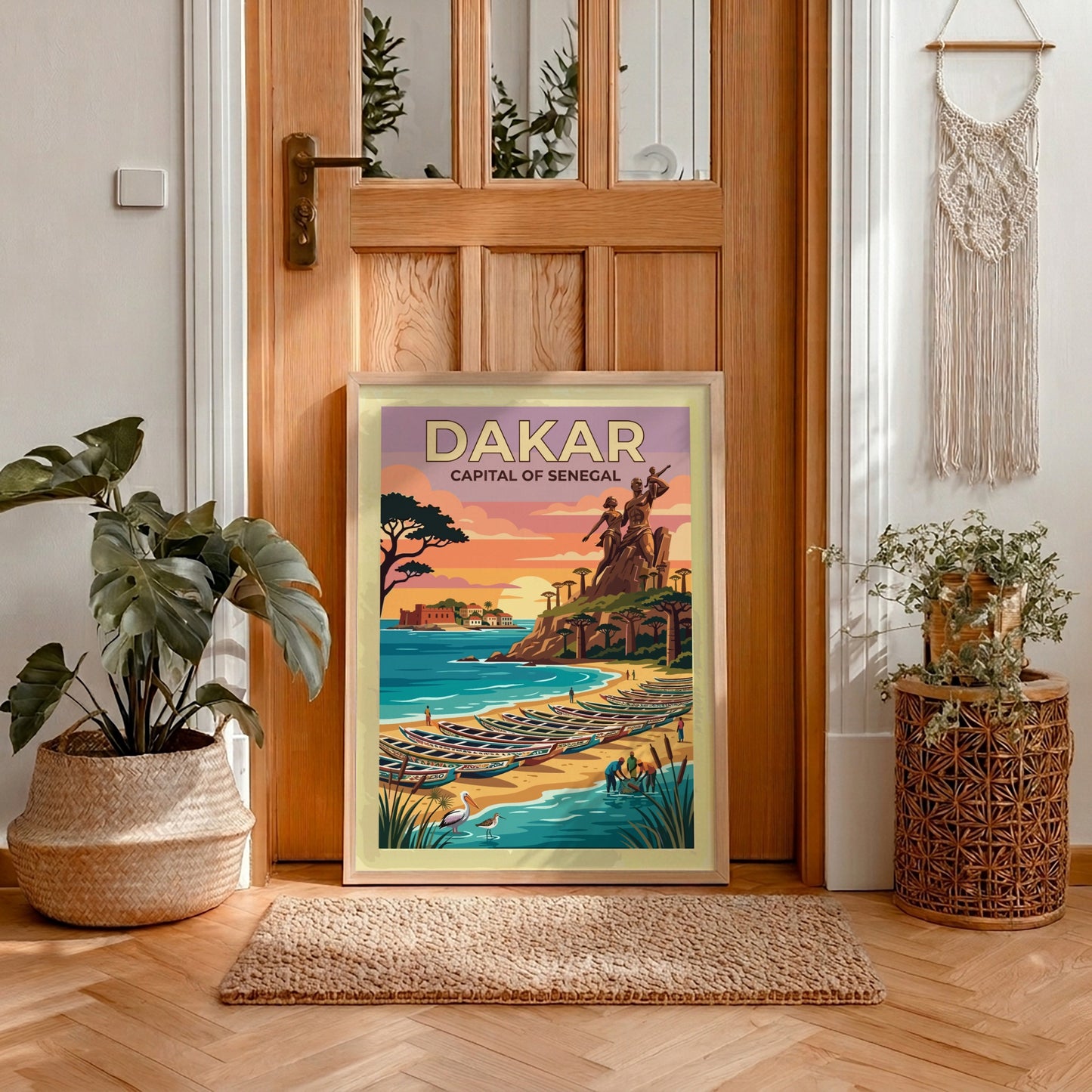 Travel poster of Dakar Senegal featuring the Renaissance monument and fishing boats at sunset