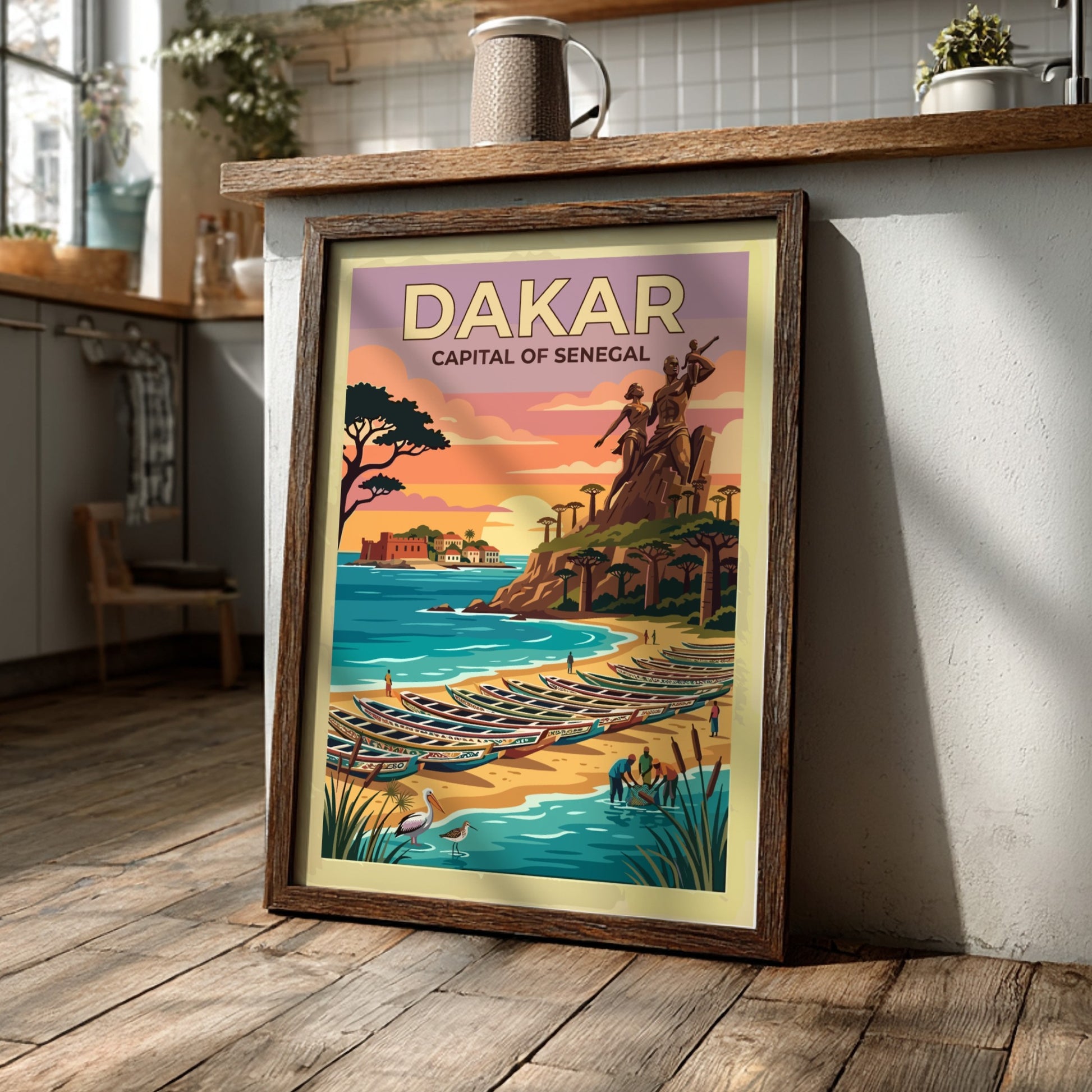 Travel poster of Dakar Senegal featuring the Renaissance monument and fishing boats at sunset