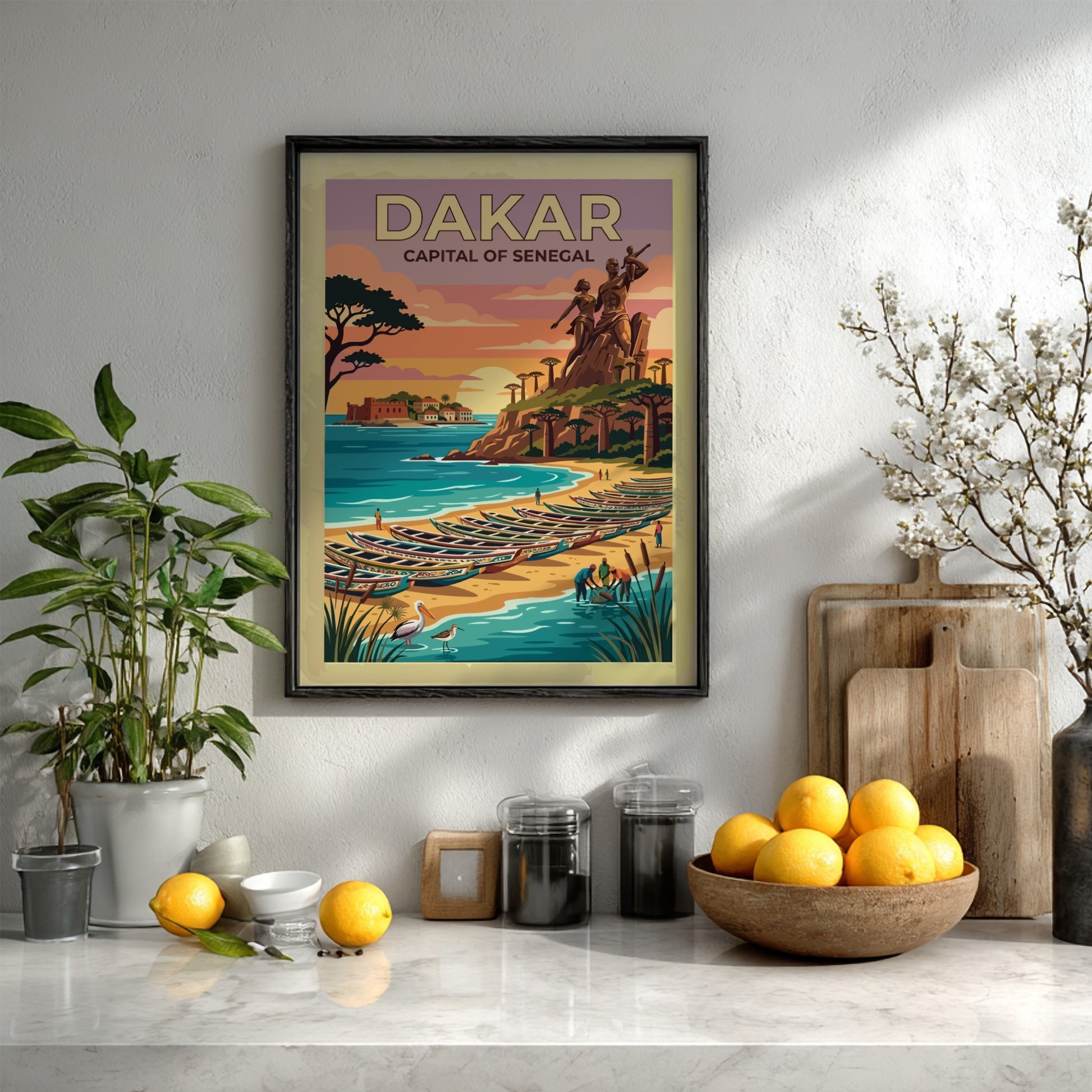 Travel poster of Dakar Senegal featuring the Renaissance monument and fishing boats at sunset