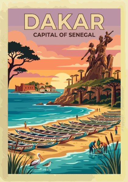 Travel poster of Dakar Senegal featuring the Renaissance monument and fishing boats at sunset