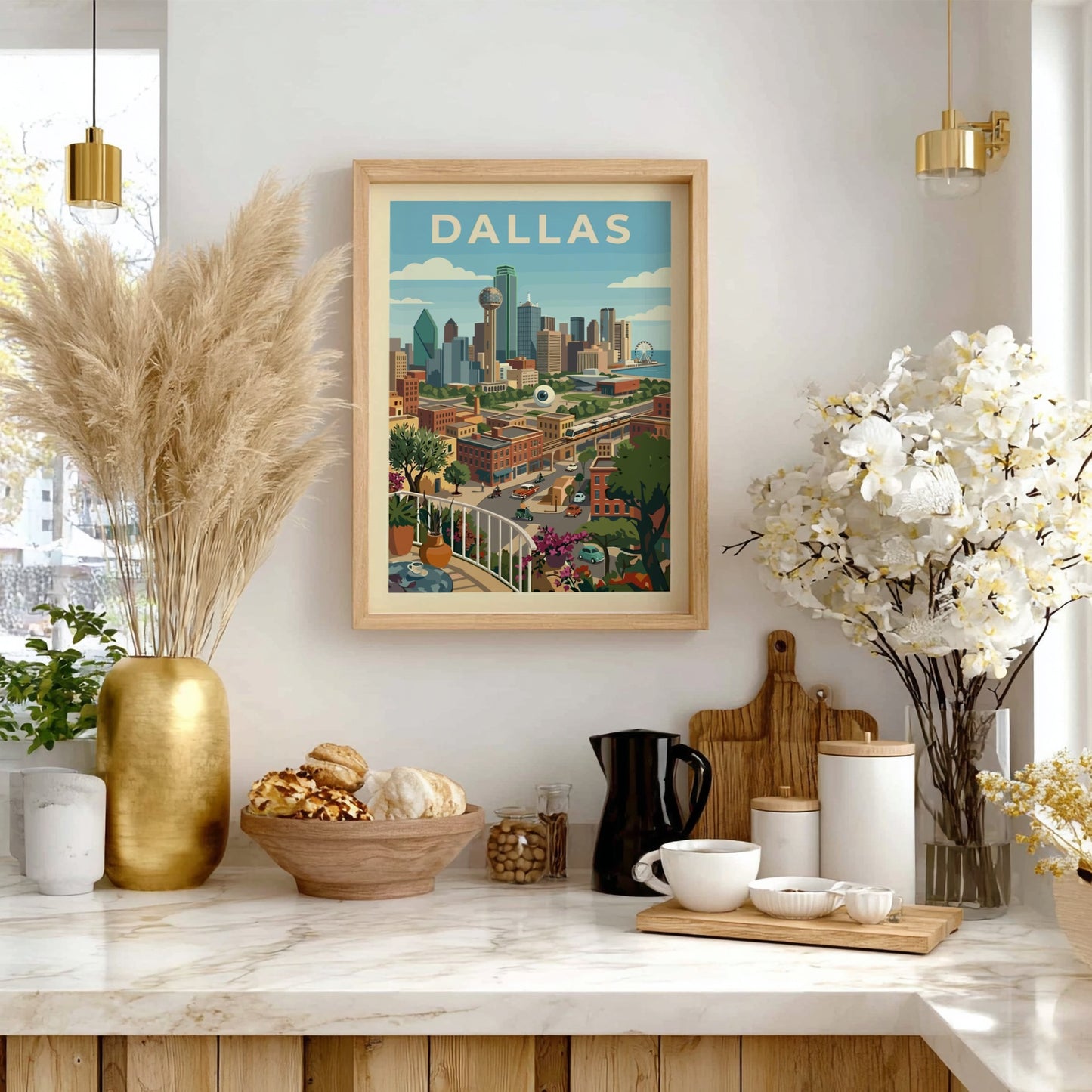 Retro Dallas skyline poster with Reunion Tower, featuring a stylized cityscape in warm colors.
