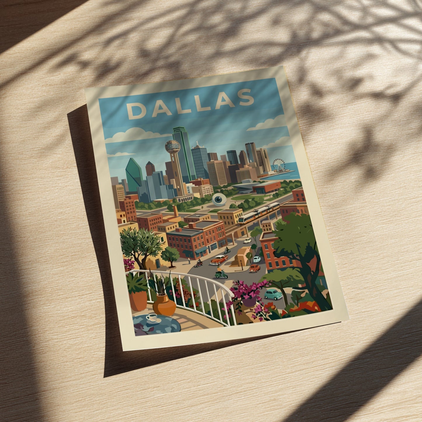 Retro Dallas skyline poster with Reunion Tower, featuring a stylized cityscape in warm colors.