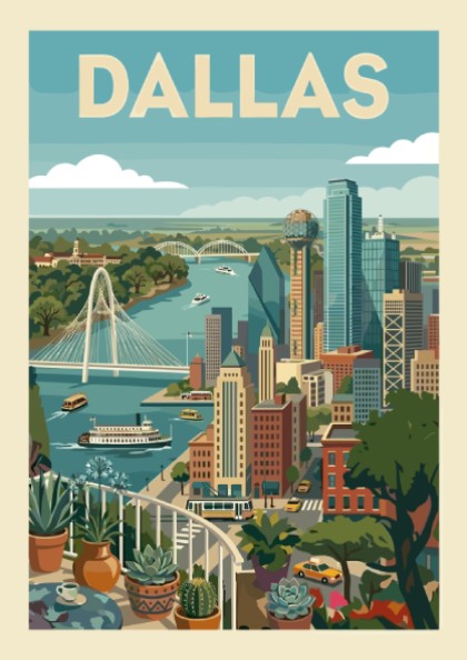 Mid-century modern art print of the Dallas skyline with skyscrapers and a river, featuring a warm color