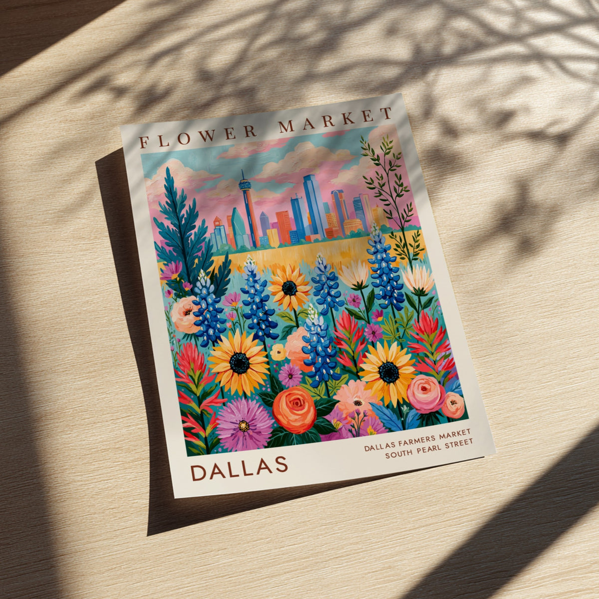 Flower market poster featuring colorful blossoms and Dallas skyline in vibrant colors