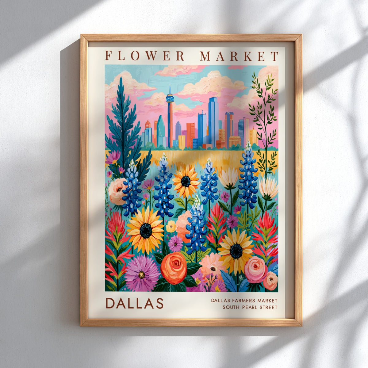 Flower market poster featuring colorful blossoms and Dallas skyline in vibrant colors