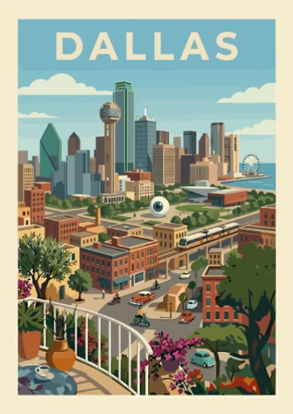 Retro Dallas skyline poster with Reunion Tower, featuring a stylized cityscape in warm colors.