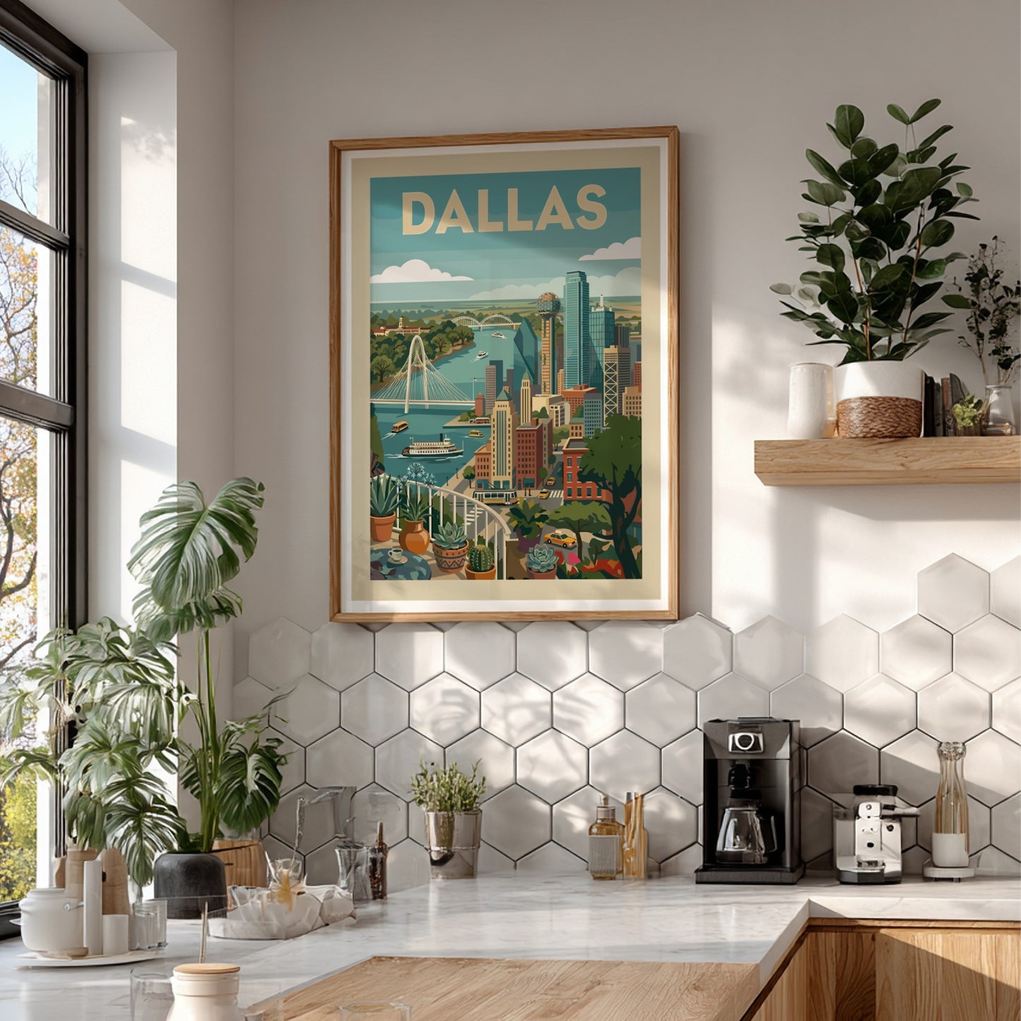 Mid-century modern art print of the Dallas skyline with skyscrapers and a river, featuring a warm color