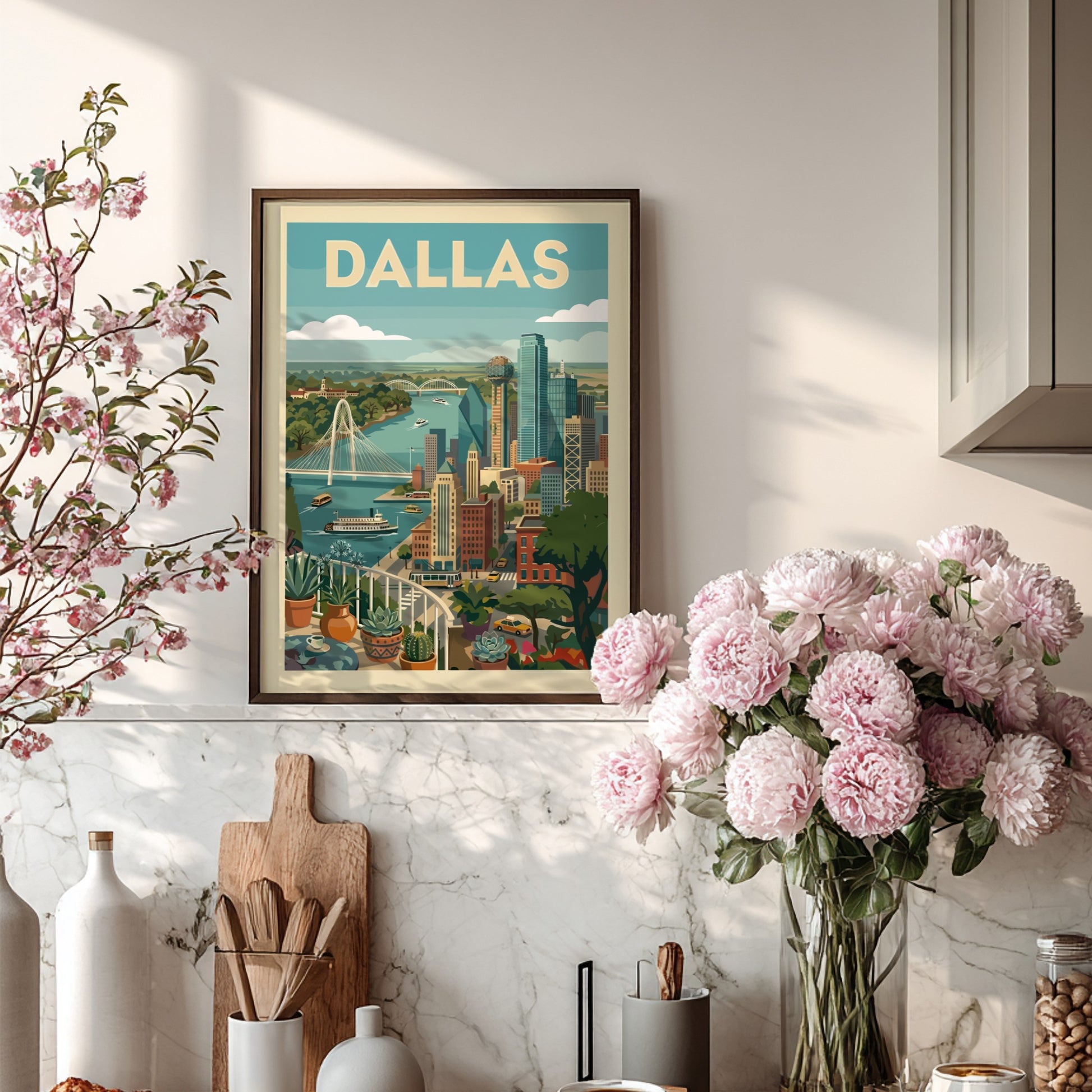 Mid-century modern art print of the Dallas skyline with skyscrapers and a river, featuring a warm color