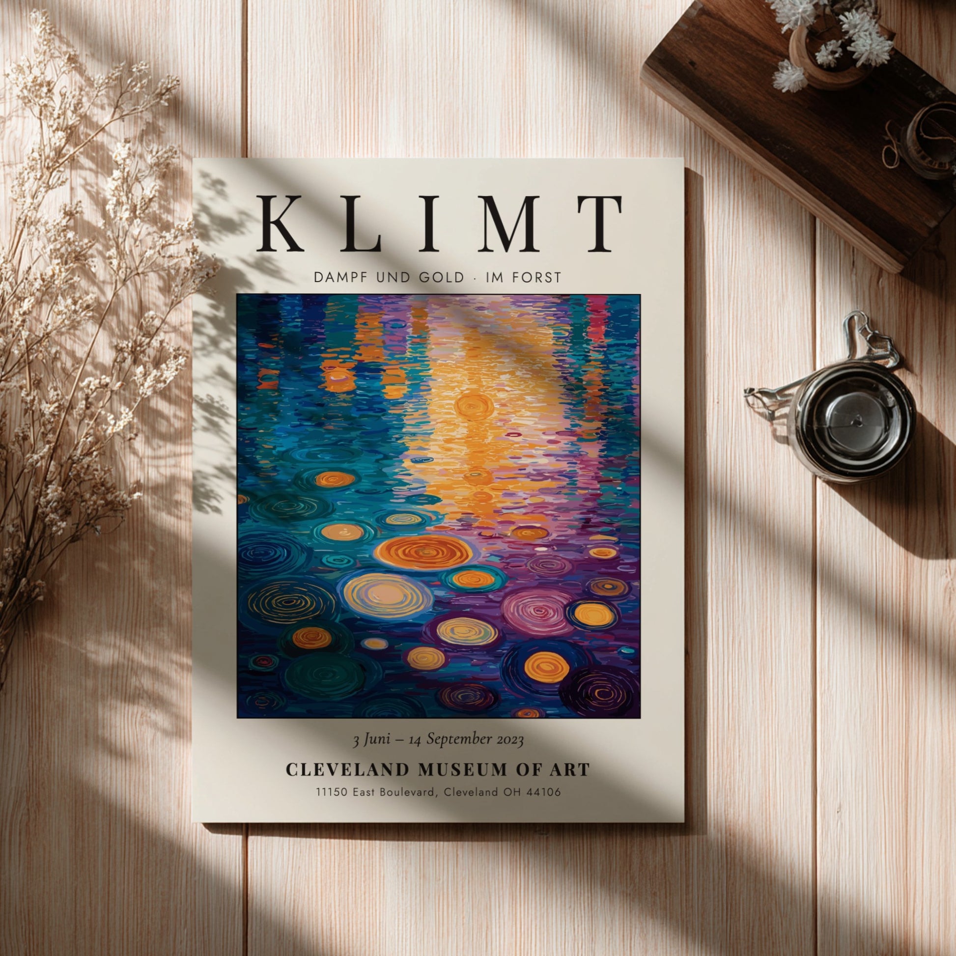 Poster inspired by Gustav Klimt featuring vibrant blues and golds in a nature scene