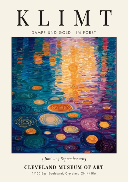 Poster inspired by Gustav Klimt featuring vibrant blues and golds in a nature scene